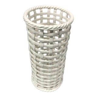 1960s Hollywood Regency Ceramic Basketweave Umbrella / Cane Stand For Sale