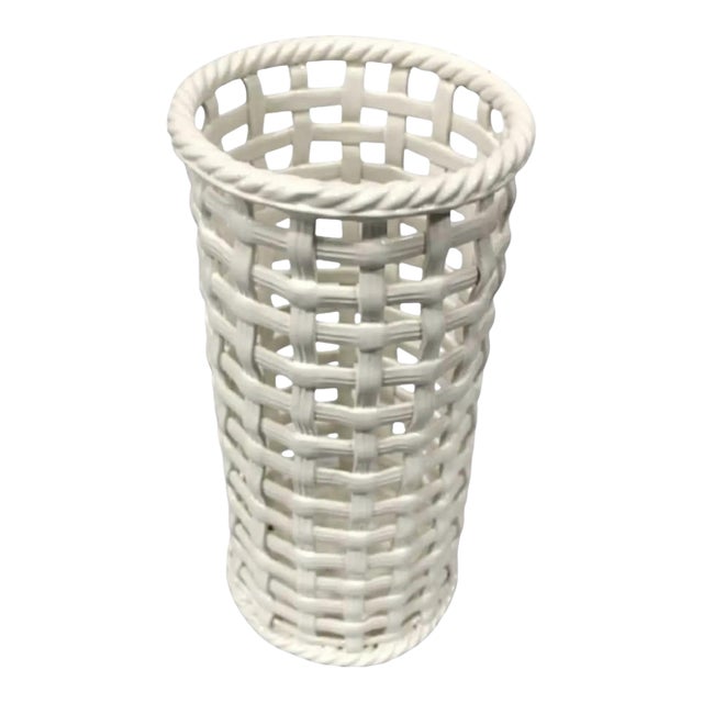 1960s Hollywood Regency Ceramic Basketweave Umbrella / Cane Stand For Sale