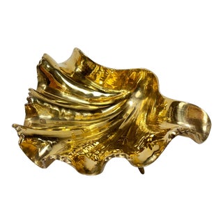 Vintage Brass Clam Shell Motif Footed Dish For Sale