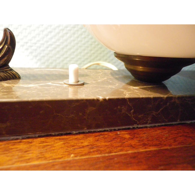 Glass Table Lamp with Marble Base, White and Salmon Opaline Glass Shade, and Bronze-Patinated Spelter Bird Decoration, 1940s For Sale - Image 7 of 9