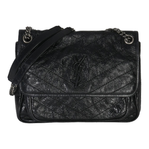 Black Crinkled Calfskin Matelasse Medium Niki Chain Satchel
