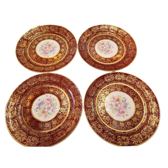 8 Vintage Royal Stetson Deluxe China 22k Gold, Floral Dinner Plates