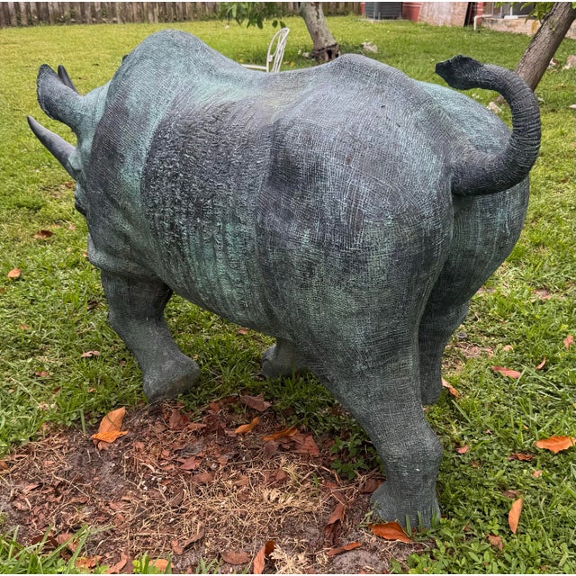 Verdigris Huge 90” Highly Detailed Vintage Life Size Verdigris Bronze Rhinoceros Sculpture Statue Indoor Outdoor For Sale - Image 8 of 12