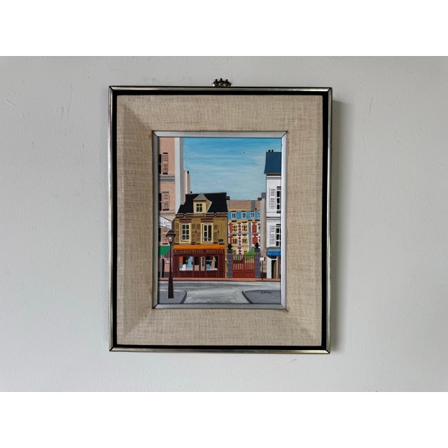 Abstract Vintage Lilian Latal Folk Art Cityscape Oil on Masonite Painting For Sale - Image 3 of 11