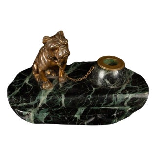 19th-Century French Bronze Bulldog Inkwell by M. Bertin on Marble Base For Sale