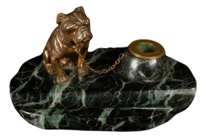 19th-Century French Bronze Bulldog Inkwell by M. Bertin on Marble Base