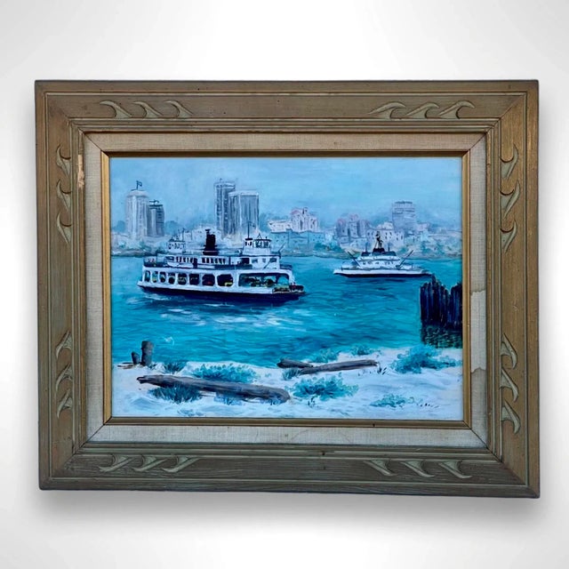 Nautical Mid-Century San Diego Waterfront Oil Painting of Coronado Ferryboat, Signed & Framed For Sale - Image 3 of 10