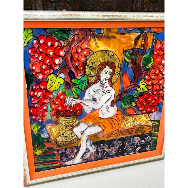 Folk Art Mid 20th Century Saint Among the Vines – Hand-Painted Reverse Glass Icon With 24 Carat Gold Highlights - Unsigned Unknown Artist For Sale - Image 3 of 8
