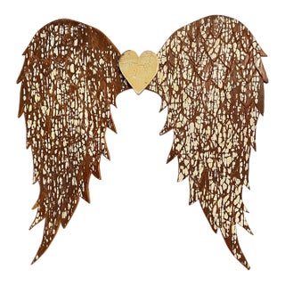 Carved Angel Wings With Heart Wall Hanging Made by Folk Artist With Antique Wood For Sale