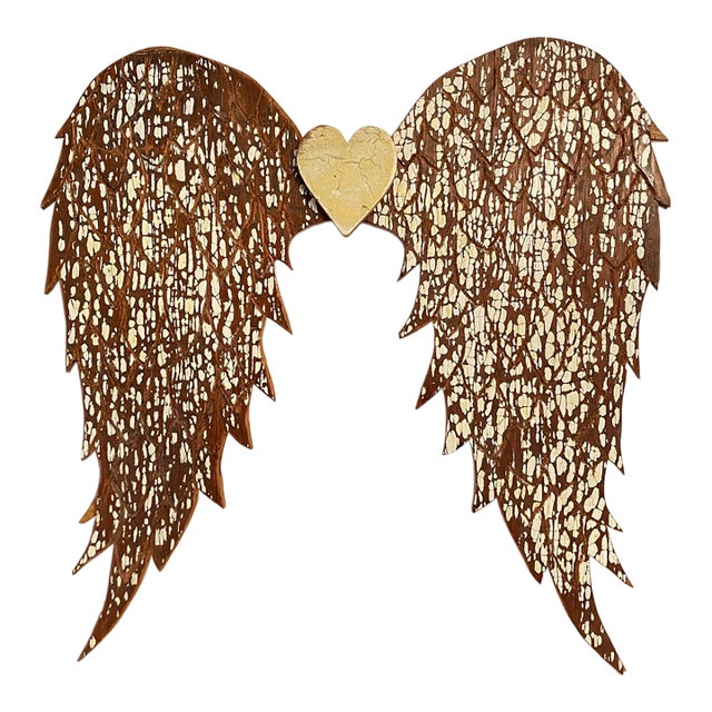 Carved Angel Wings With Heart Wall Hanging Made by Folk Artist With Antique Wood For Sale