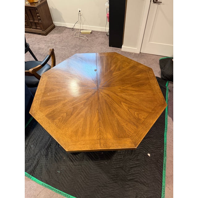 1960s Drexel Esperanto Walnut Octagonal Dining Table and Curule Chairs – 3 Pieces For Sale - Image 11 of 12