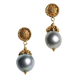 1990s 22K Gold and Tahitian Pearl Drop Earrings by Deborah Lockhart Phillips, Pair For Sale