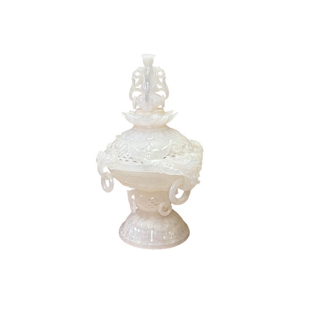 Asian Dragon Relief Carving White Stone Incense Holder Lidded Urn Ceremonial Vessel For Sale - Image 4 of 18