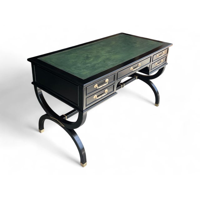 Vintage Hollywood Regency Style Ebonized Desk With Green Leather Top and Brass Details For Sale In Los Angeles - Image 6 of 15