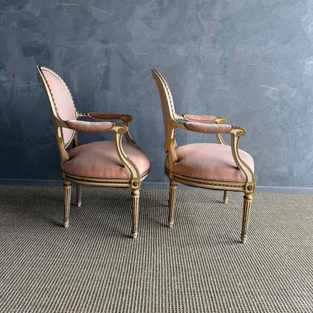 Early 20th Century Early 20th Century Pair of Louis XVI Style Painted and Upholstered Armchairs For Sale - Image 5 of 12