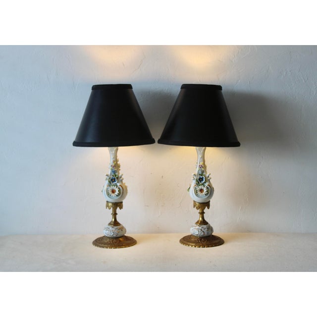 Vintage FBAI Italian Porcelain Brass Hand Crafted Flower Details Table Lamps- A Pair For Sale - Image 9 of 10