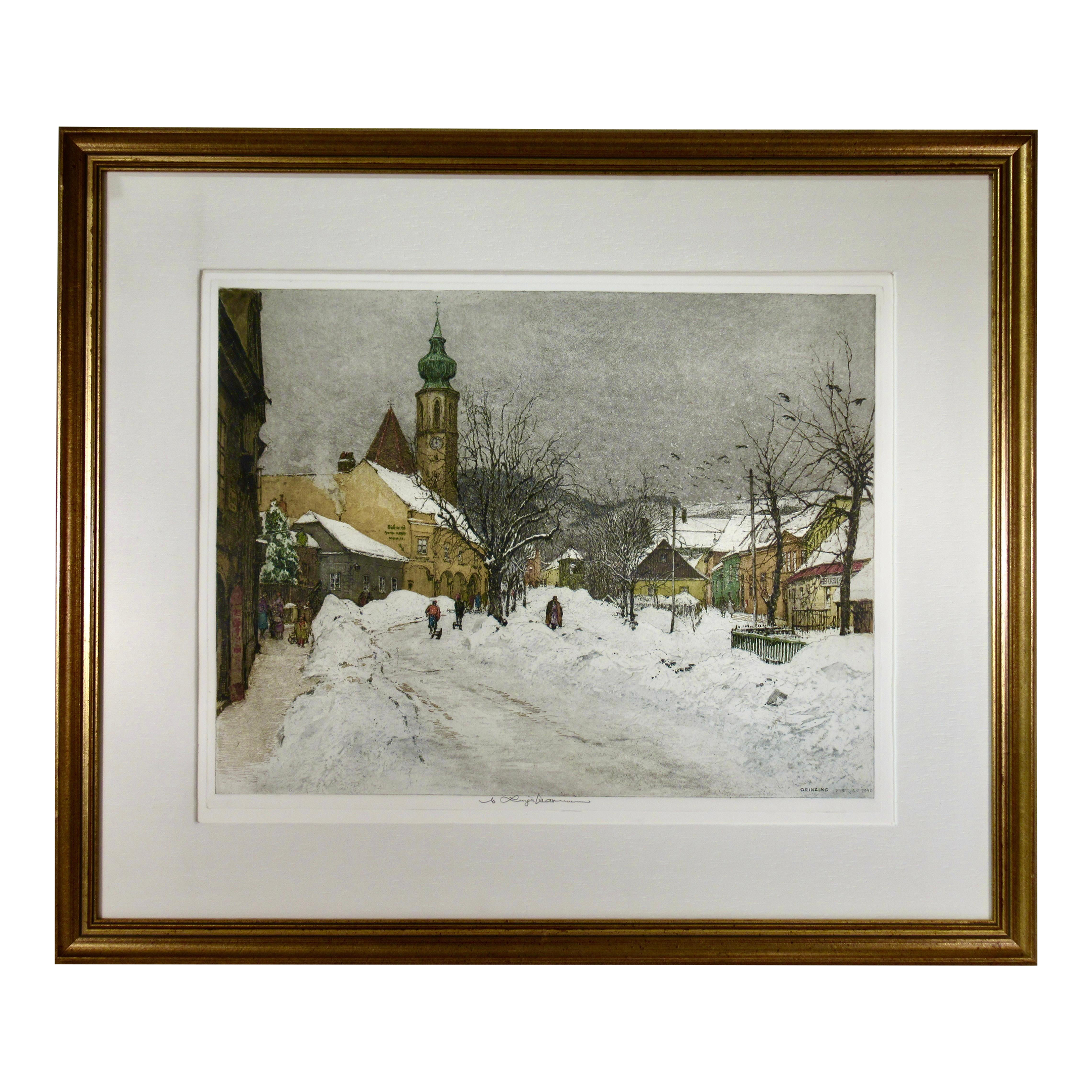 Luigi Kasimir Grinzing, Snow Scene, Austria, Large Color Etching