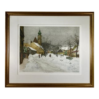 Luigi Kasimir Grinzing, Snow Scene, Austria, Large Color Etching 1940 Original Print For Sale