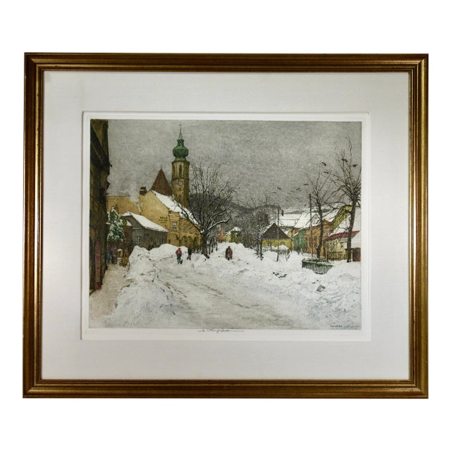 Luigi Kasimir Grinzing, Snow Scene, Austria, Large Color Etching 1940 Original Print For Sale