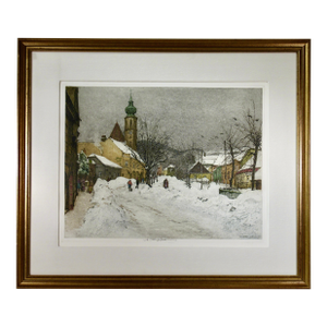 Luigi Kasimir Grinzing, Snow Scene, Austria, Large Color Etching 1940 Original Print