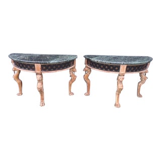 Late 19th Century Italian Demi-Lume Consoles With Marble Tops. Iron Detail - a pair For Sale