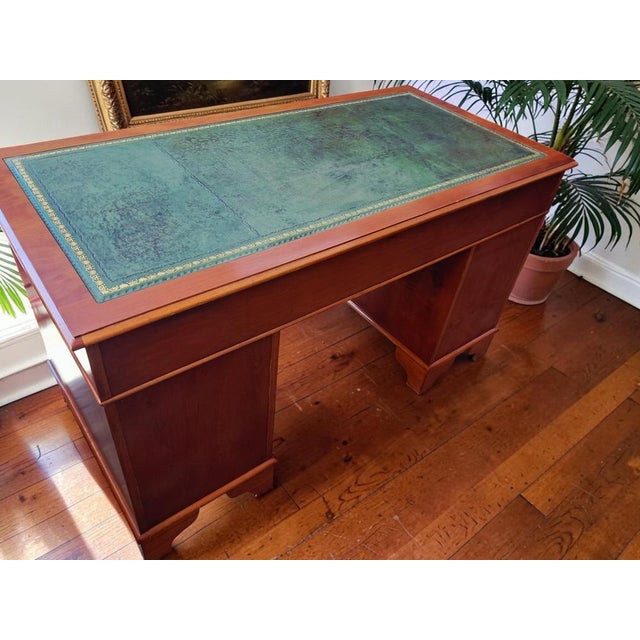 Wood Vintage Twin Pedestal Desk in Yew Wood and Leather Top, 1980 For Sale - Image 7 of 18