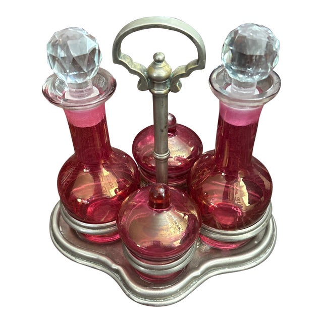 Antique Ruby Stained Cruet Set With Two Bottles With Faceted Stoppers and Two Jam Jars - 8 Pieces For Sale