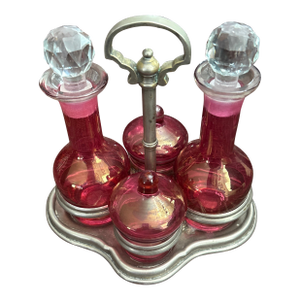 Antique Ruby Stained Cruet Set With Two Bottles With Faceted Stoppers and Two Jam Jars - 8 Pieces