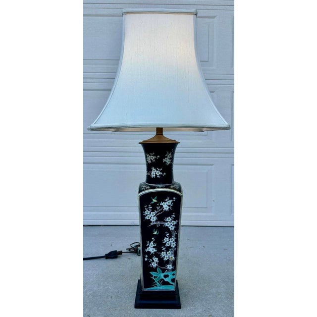 Antique Large Chinese Famille Noire Square Porcelain Vase Table Lamp 36" For Sale - Image 11 of 18