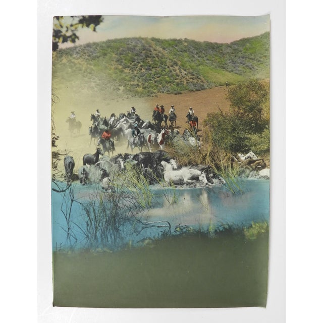 Early 20th century colortone advertising photograph of working cowboys herding horses. Unsigned. Unframed, edge and corner...