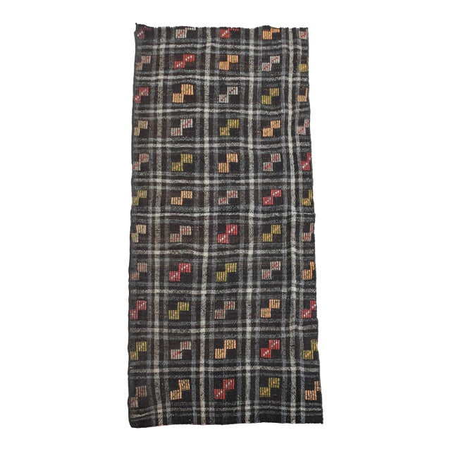 1970s Vintage Handmade Wool Cotton Brown Runner Rug For Sale