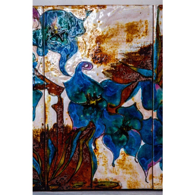 1970s Wall Mounted Blue Flower Ceramic Tile, 1970 For Sale - Image 5 of 7