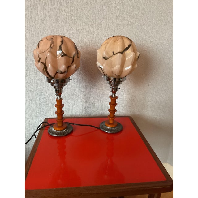 A truly stunning pair of Art Deco Bakelite Butter Scotch/Catalin/Phonolic with shades are domed marble effect with stepped...