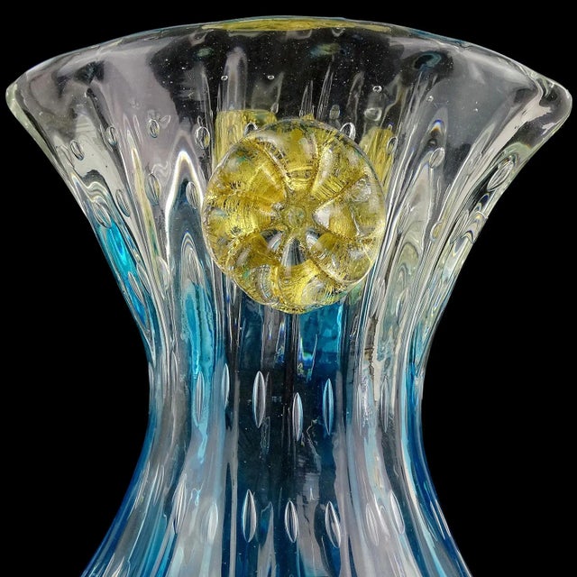 Murano Vintage Murano Sapphire Blue Gold Flecks Flowers Control Bubbles Italian Art Glass Decorative Flower Vase For Sale - Image 4 of 6