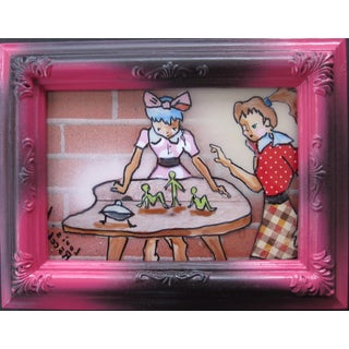Your Move by Louis Recchia | Acrylic and Collage on Plexiglass with Painted Frame Two girls playing with figures on a table. For Sale