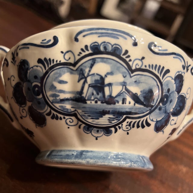 Vintage Hand Painted Delft Blue Large Covered Sugar Bowl, Signed For Sale - Image 12 of 12