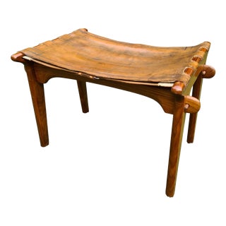 Vintage Stool in Natural Leather and Wood by M. Hayat & Bros., 1960s For Sale