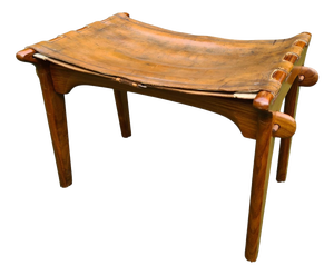 Vintage Stool in Natural Leather and Wood by M. Hayat & Bros., 1960s