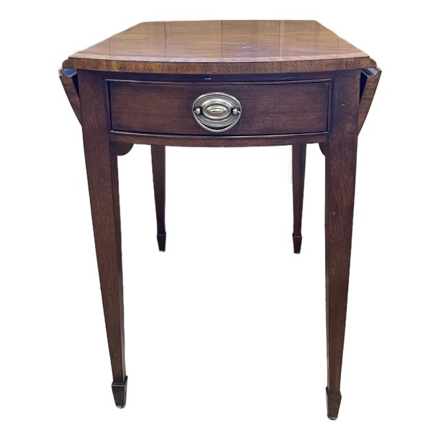 Ethan Allen Mahogany Drop-Leaf Side Table With Brass Pull and Inlay For Sale