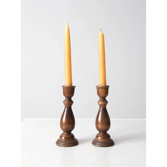 Brown Vintage Wooden Candlestick Holders Pair For Sale - Image 8 of 8