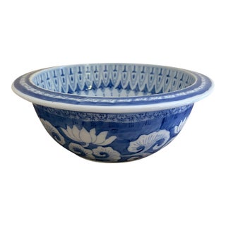 Chinoiserie Blue and White Porcelain Large Decorative Bowl With Koi Fish Motif For Sale