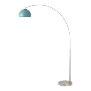 1960s Morelli Mid Century Floor Lamp - Modern Arc Lamp, Satin Nickel Steel, Pool Blue Dome Shade, Dimmable For Sale