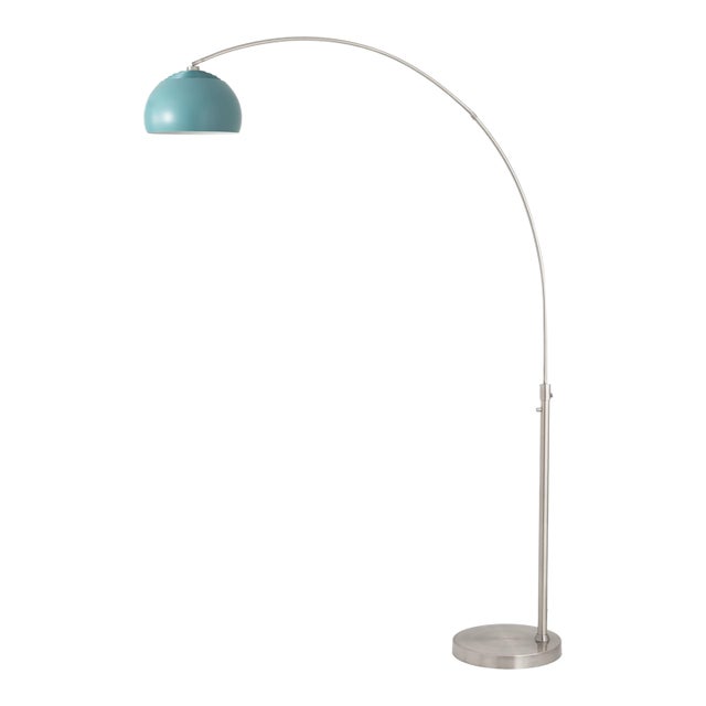 1960s Morelli Mid Century Floor Lamp - Modern Arc Lamp, Satin Nickel Steel, Pool Blue Dome Shade, Dimmable For Sale