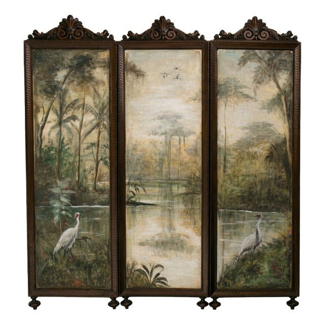 Tropical Landscape with Herons Wall Triptych in Carved Wood and Canvas, 1890s For Sale