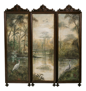 Tropical Landscape with Herons Wall Triptych in Carved Wood and Canvas, 1890s
