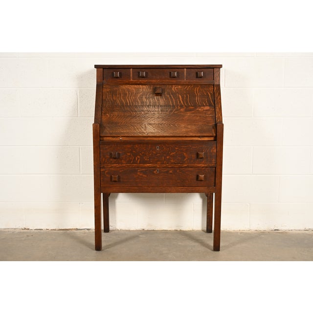 Mission Stickley Brothers Style Antique Mission Oak Arts & Crafts Drop Front Secretary Desk, Circa 1910 For Sale - Image 3 of 17