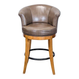 Brown Leather Swivel Bar Stool With Wooden Legs and Footrest For Sale