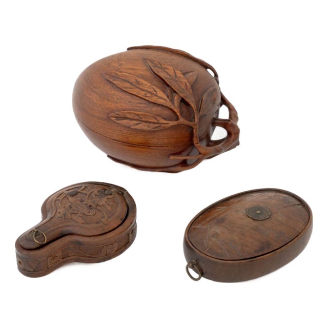 Chinese & Japanese Carved Wood Boxes, 3 For Sale