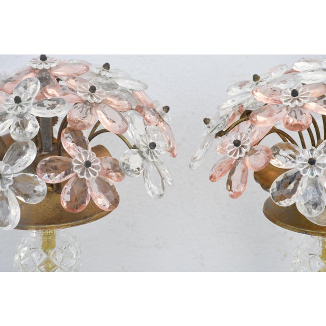 Set of 2 Larg Table Lamp Crystal Glass Flower Pink and Crystal, Brass Base, 1960 For Sale - Image 9 of 11