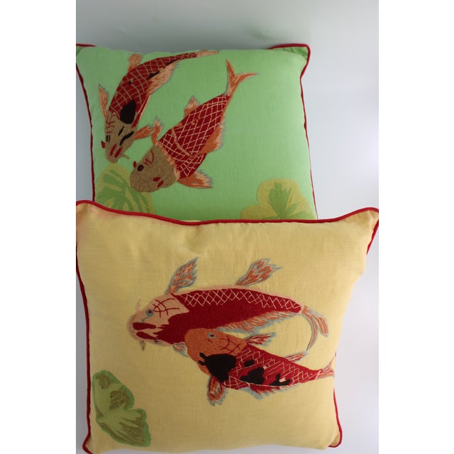 Vibrant Pair of Koi Fish Hand Embroidered Pillow Covers 21" Square, Good Fortune For Sale - Image 10 of 10